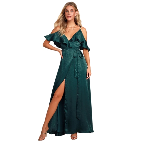 Lulus Dresses & Skirts - Lulus Moriah Emerald Green Satin Wrap Maxi Dress Medium